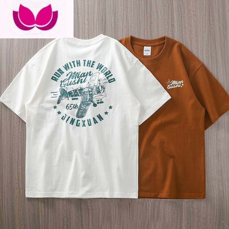 七斓320g短袖男厚实美式复古战斗机印花宽松半袖正肩t恤