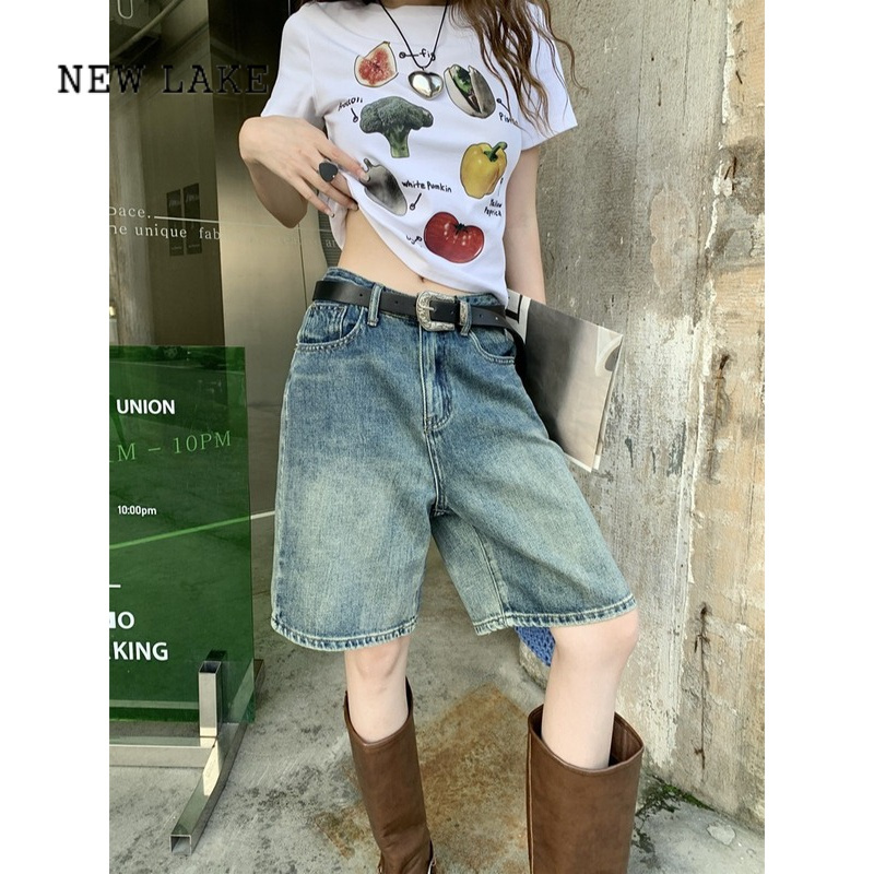 newlake拽酷先锋复古水洗牛仔五分裤女夏季高腰直筒阔腿短裤裤子