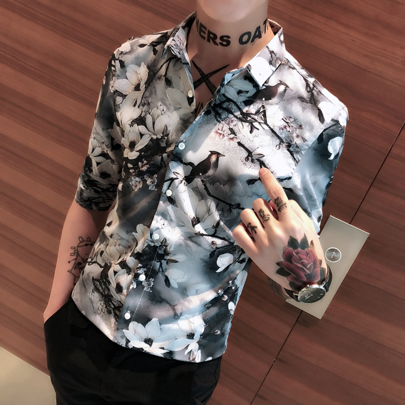 短袖花衬衫男碎花衬衣夏款新款青年修身印花寸衫时尚男士花色衬衫