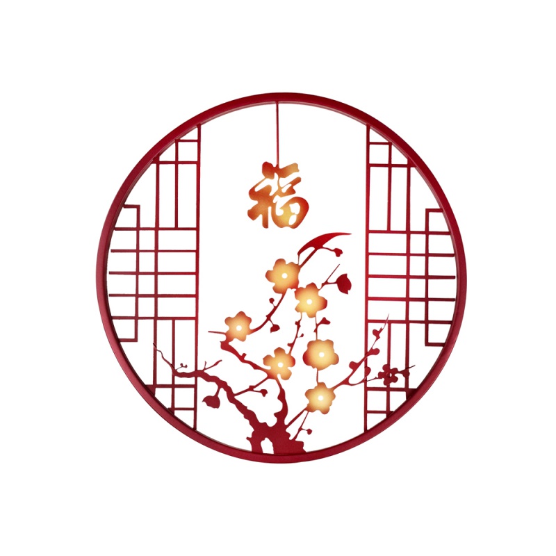 新中式墙面装饰挂件客厅玄关铁艺壁饰壁挂电视背景墙创意家居挂饰 三维工匠 岁寒梅景特大号直径68CM高清大图