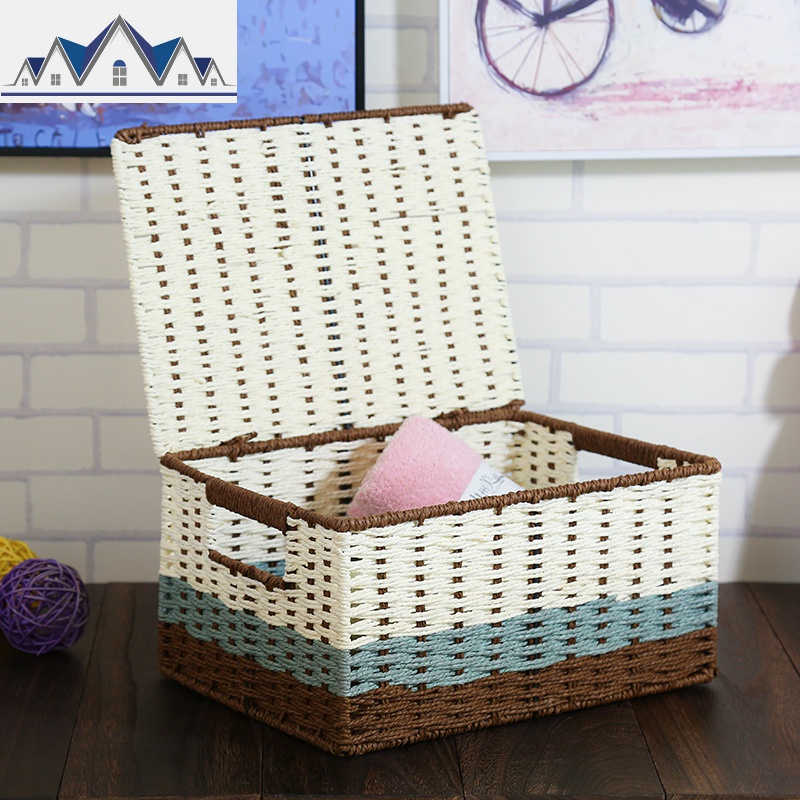 收纳筐藤编有盖桌面储物盒家居衣物玩具零食收纳框编织篮子 三维工匠收纳篮高清大图