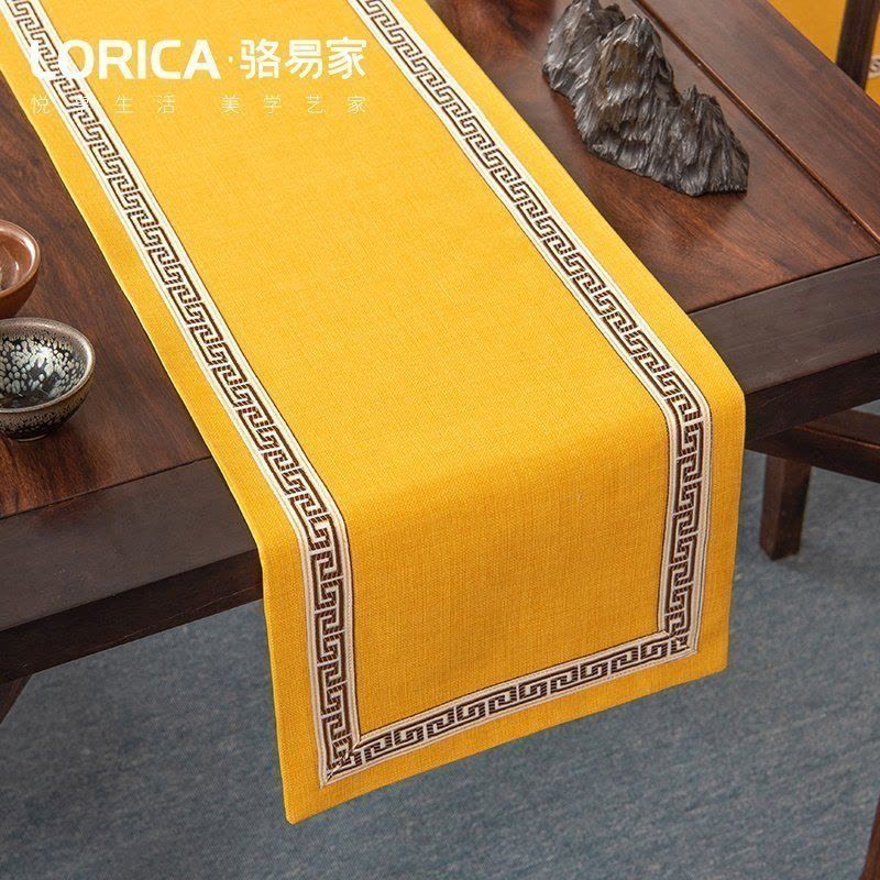 美式桌旗新中式禅意茶旗布现代简约茶几餐桌北欧电视 福延年-黄色(平角款) 33*330cm(适用桌长2.7米-2.9米)图片