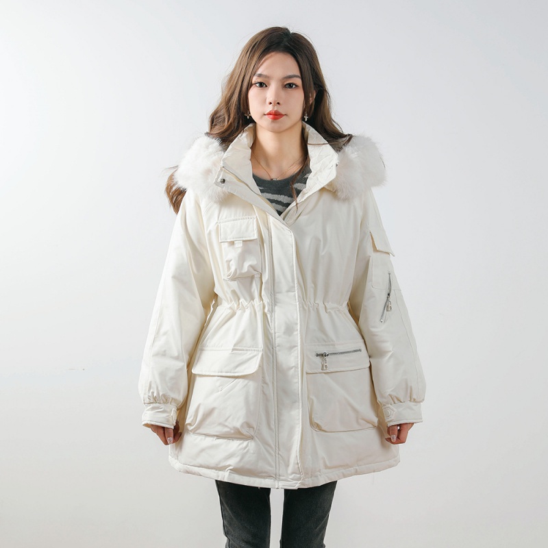 新款纯色简约羽绒服女抽绳宽松加厚韩版大毛领外套派克服高清大图