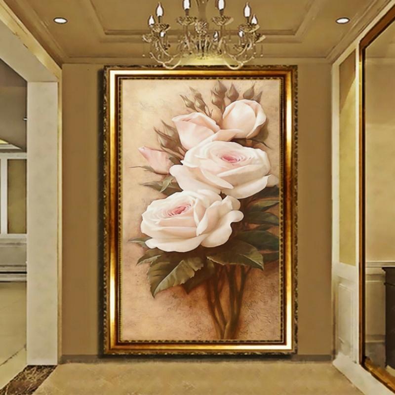 欧式3D立体玄关壁纸大型壁画 走廊过道墙纸装饰画 竖版油画玫瑰花壹德壹