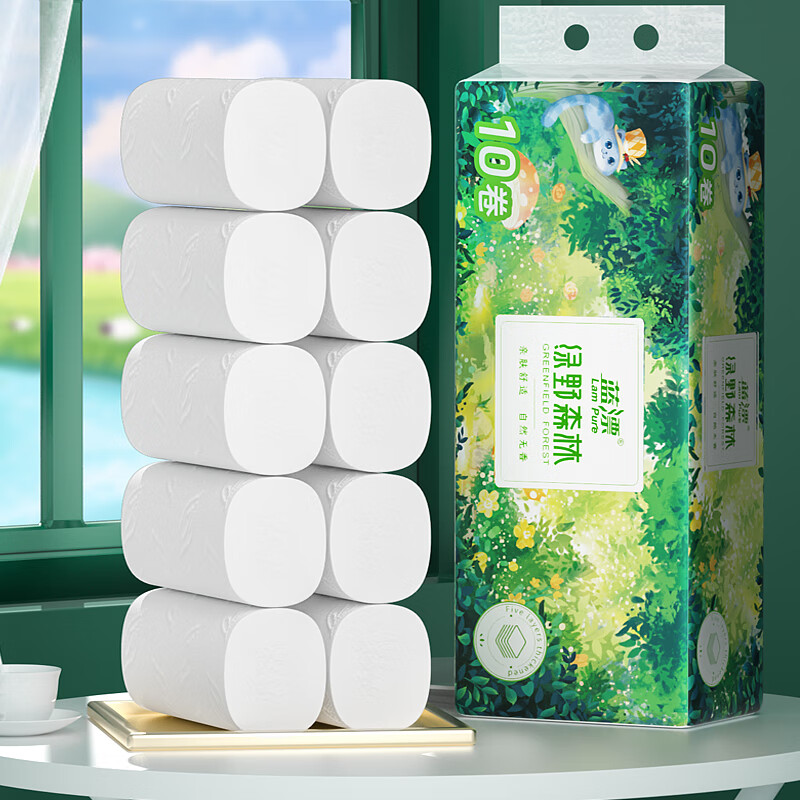 蓝漂无芯卷纸5层80克*10卷自然无香白色扁卷纸绿野森林源头直发