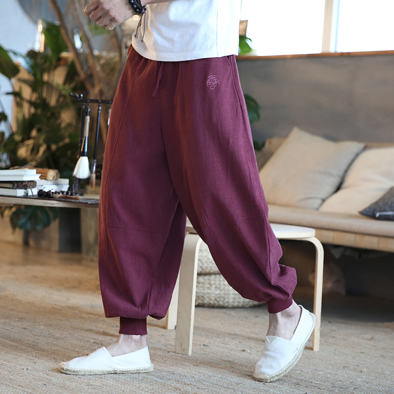 夏季中国风男士亚麻裤阔腿灯笼裤大码宽松棉麻休闲裤男束脚哈伦裤