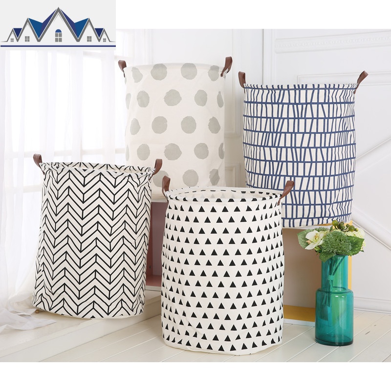 INS北欧风家居儿童玩具收纳桶 皮把手防水整理储物桶棉麻脏衣篮 三维工匠收纳篮高清大图