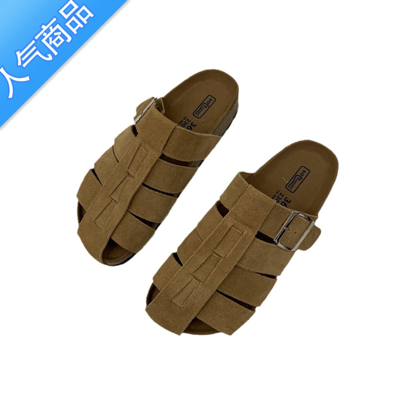 SUNTEK森系复古磨砂包头半拖鞋女外穿松糕厚底镂空猪笼鞋海边沙滩鞋