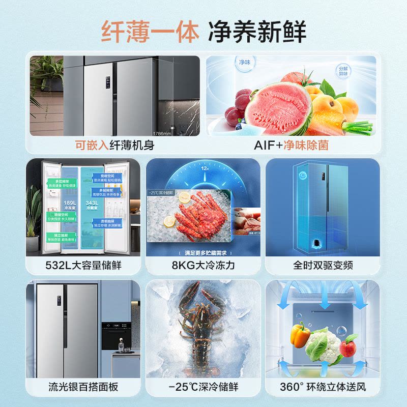 容声(Ronshen)532升对开门 双门家用电冰箱 深冷储鲜纤薄嵌入 长效除菌净味BCD-532WD11HP图片