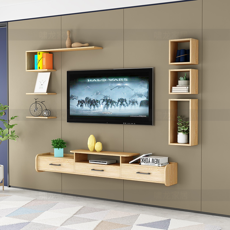 寻木匠创意简约电视墙上实木电视柜客厅置物架组合影视墙多功能收纳
