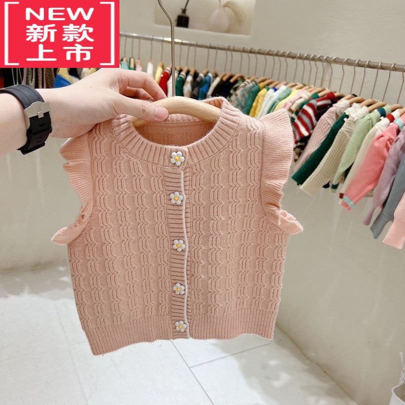 可莉允女童毛线马甲网红女孩甜美坎肩毛衣上衣宝宝针织开衫儿童线衣背心图片