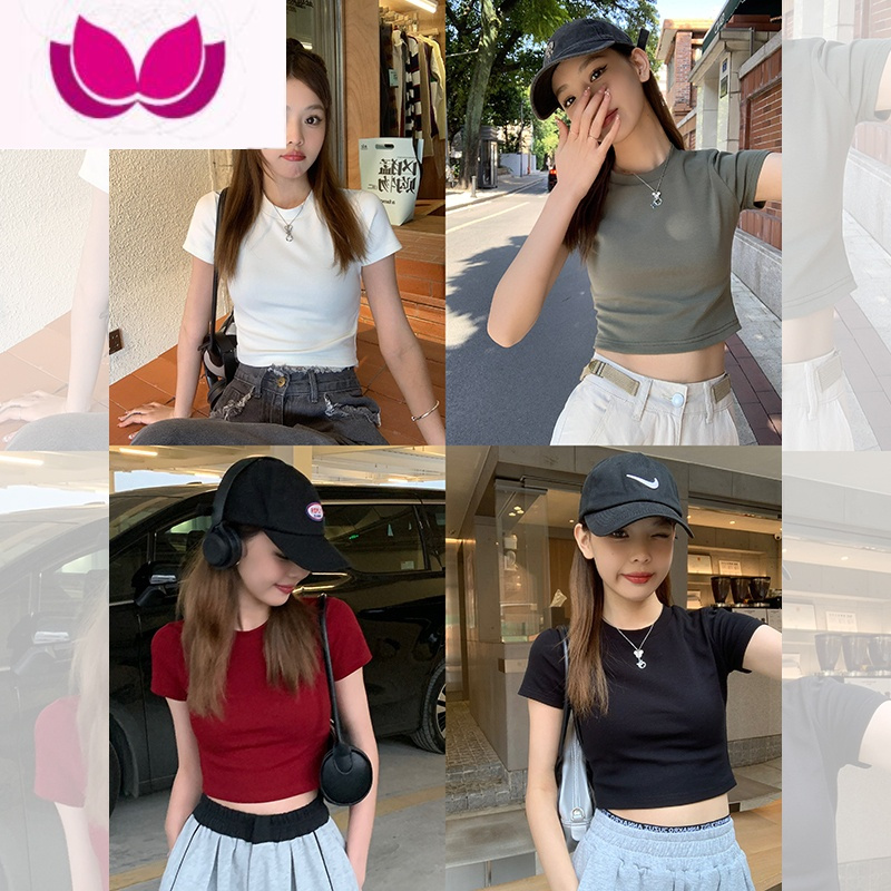 七斓宋小恩红色t恤女短袖短款紧身辣妹上衣夏季新款修身正肩体恤