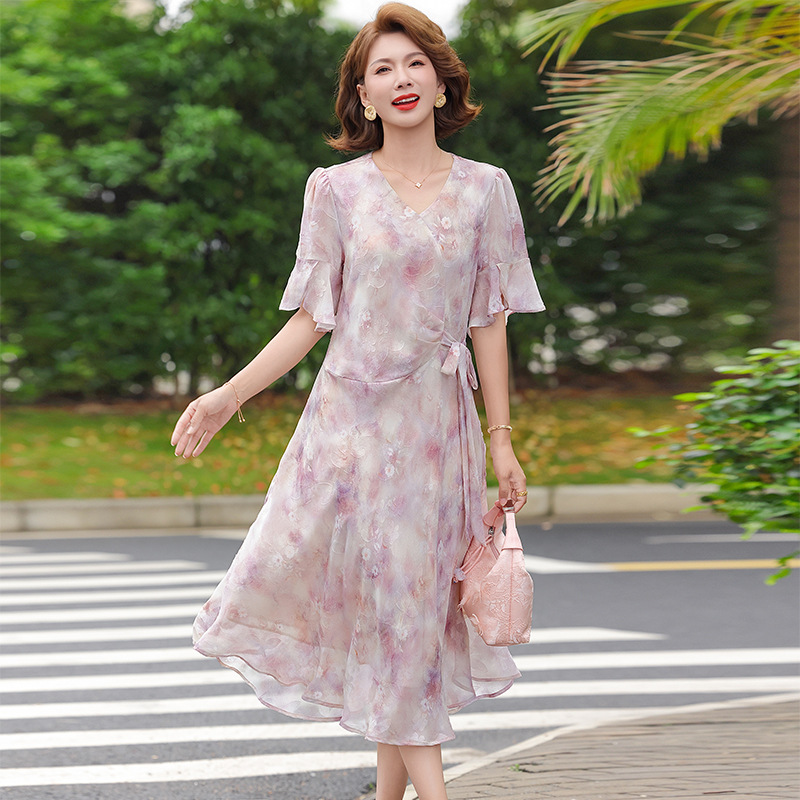 纤孜雅 中年妈妈短袖连衣裙女新款夏季气质洋气温柔裙子高贵长裙夏装高清大图