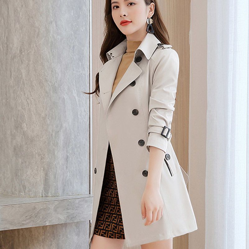 气质高端风衣女士中长款2020秋装新款双层休闲显瘦大码女装外套女 米色 M 95-105斤