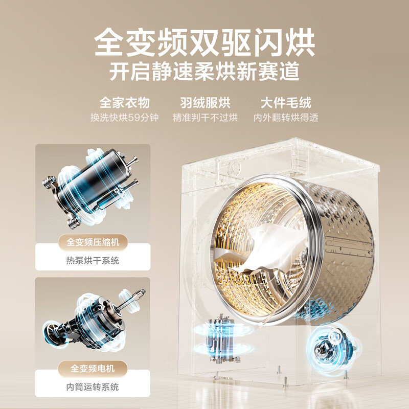 小天鹅(LittleSwan)10公斤热泵烘干机 干衣机家用 全变频 纯平全嵌 多重毛屑过滤 TH100VH89PRO