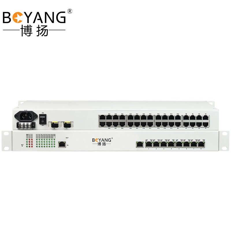 博扬 综合业务光端机 16路电话+8路百兆以太网物理隔离 单纤20km 机架式 BY-16P8EV-20KM