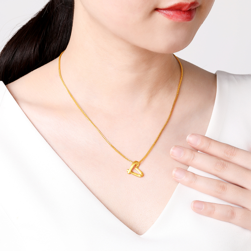 梦金园爱心黄金吊坠女镂空心形足金挂坠3d硬金坠子送女友纪念日生日