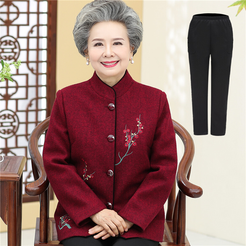 迪鲁奥(DILUAO)插肩袖立领秋装外套奶奶装女60岁70中老年人毛呢服装上衣老太太衣服