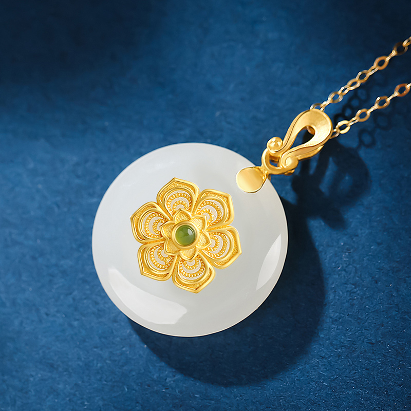 印象眸古法传承系列足金镶和田玉吊坠黄金镶羊脂白玉平安扣女款玉石