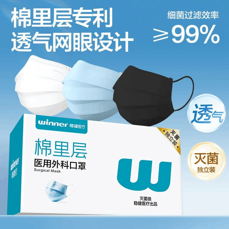 稳健棉里层医用外科口罩独立装一只一袋50只灭菌级亲肤透气防病毒流感图片
