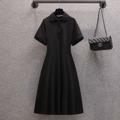 大码女装夏装2021新款爆款胖mm200斤遮肚polo泡泡袖连衣裙长款 黑色 M 体重95-120斤