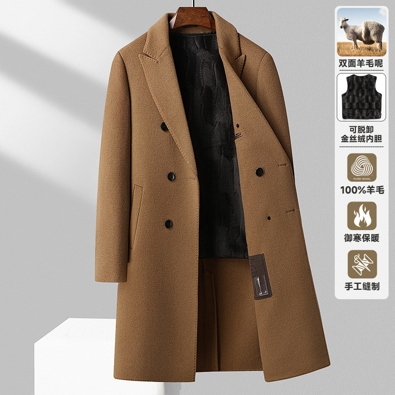 100%羊毛双排扣过膝长款羊毛大衣秋冬金丝绒内胆双面呢大衣男