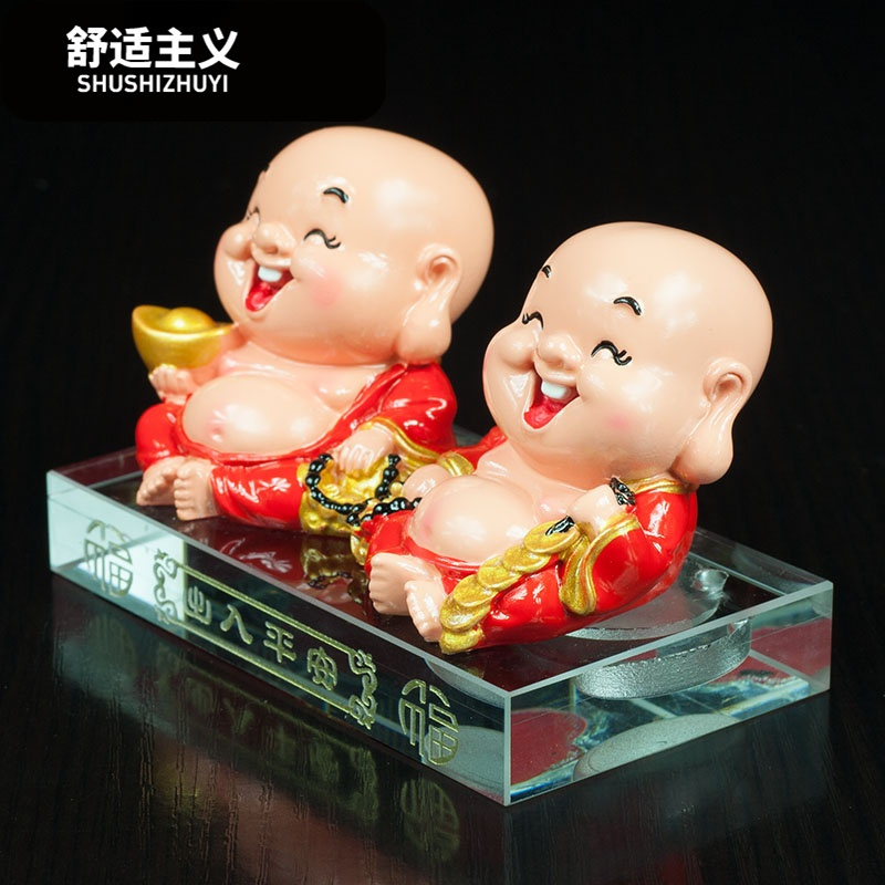 汽车摆件可爱彩陶招财进宝双佛元宝弥勒佛车载香水座式车内装饰品