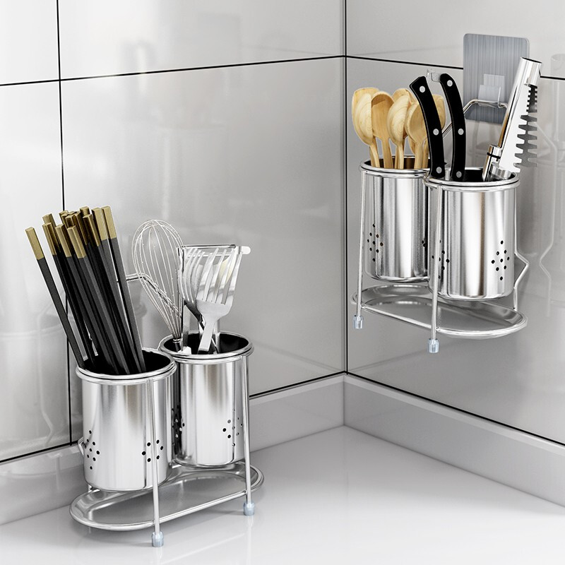 家佰利 304不锈钢厨房置物架壁挂免打孔筷子筒筷子笼架盒两件套厨房