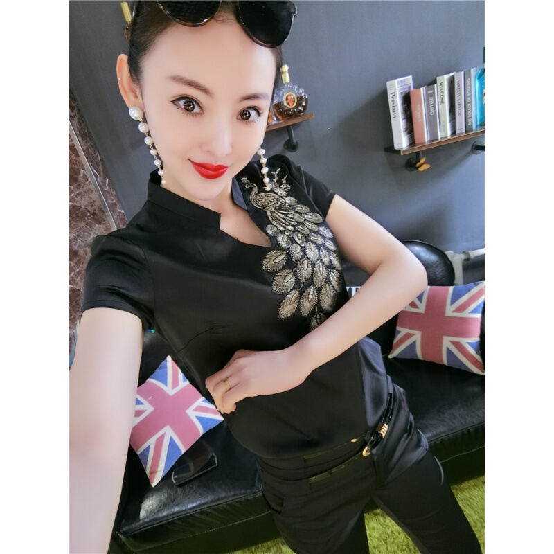 2018新款女士夏季雪纺亮丝上衣气质洋气小衫打底衫时尚刺绣衬衫潮