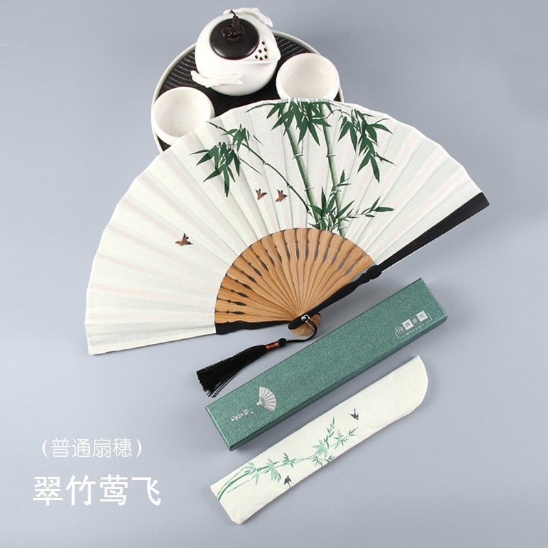 扇子折扇女式古典中国风夏季随身折叠扇子男古风汉服流苏小扇布面 三维工匠 垂柳戏鱼夏日自用套装(米白)