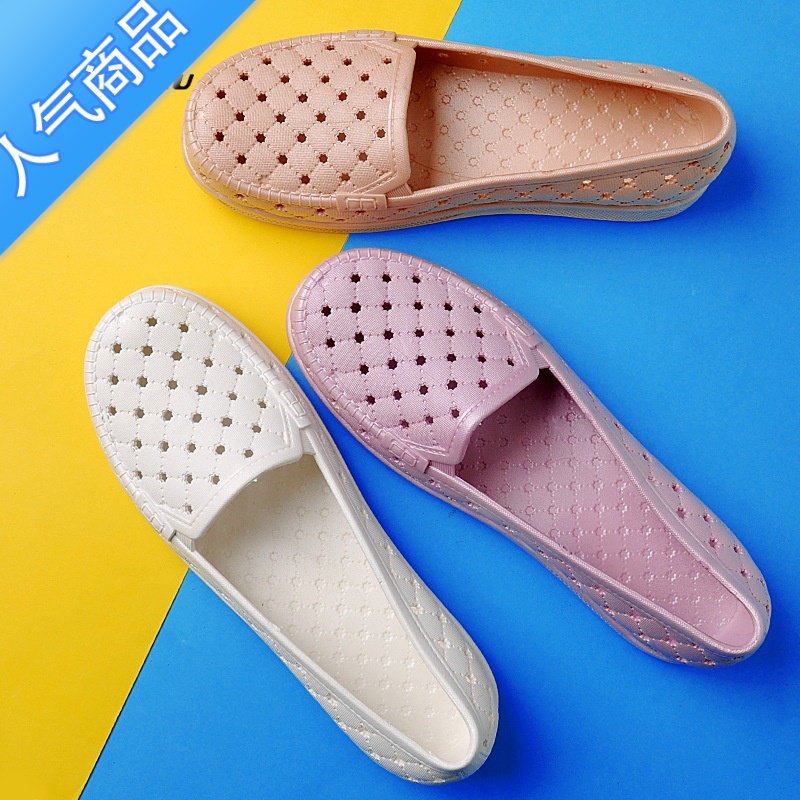 SUNTEK夏季中老年塑料凉鞋女镂空洞洞宽头平底防滑涉水包头中口老年凉鞋高清大图