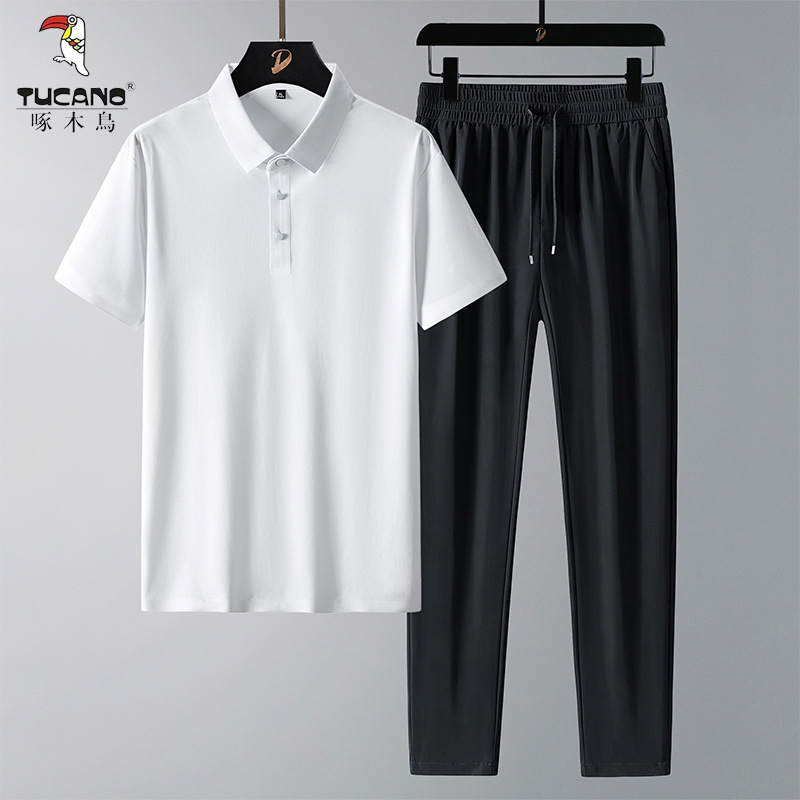 啄木鸟夏季冰丝款套装男士无痕T恤短袖POLO+休闲裤子男两件装父亲高清大图