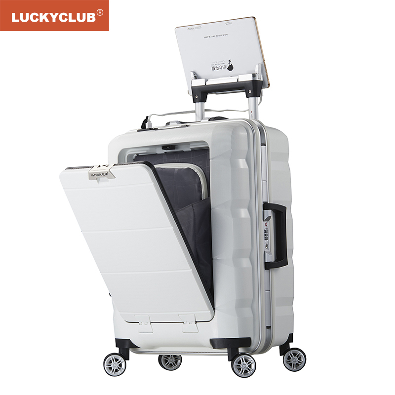 LUCKY CLUB 行李箱男女拉杆箱万向轮出差旅行商务密码多功能前置开口电脑高颜值 铝框主仓至酷黑 24英寸