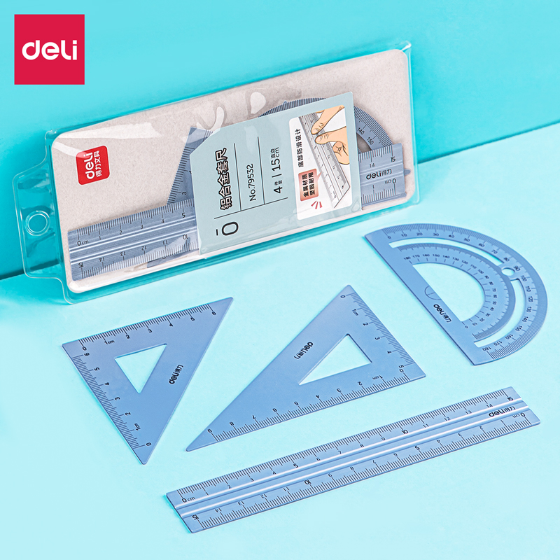 得力deli79532套尺4件套铝合金金属直尺量角器三角尺组合套装办公学生教学文具几何数学儿童多功能三角板坚固耐用蓝色