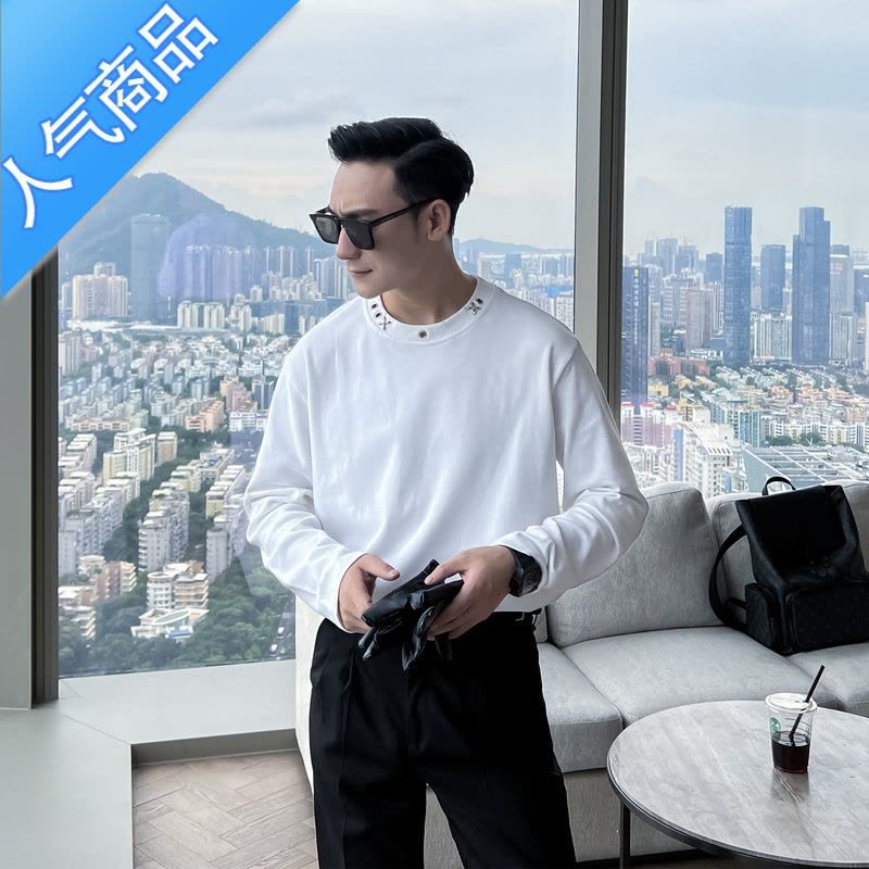 喻娄[]原创设计韩版潮男纯色圆领休闲T恤ins男士百搭长袖图片