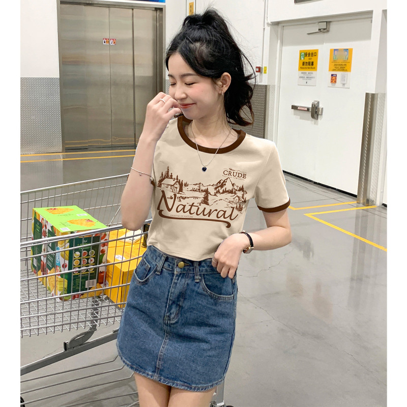 [1.5折价31元]唐狮短袖T恤女夏季短款圆领撞边美式复古风小众辣妹装潮