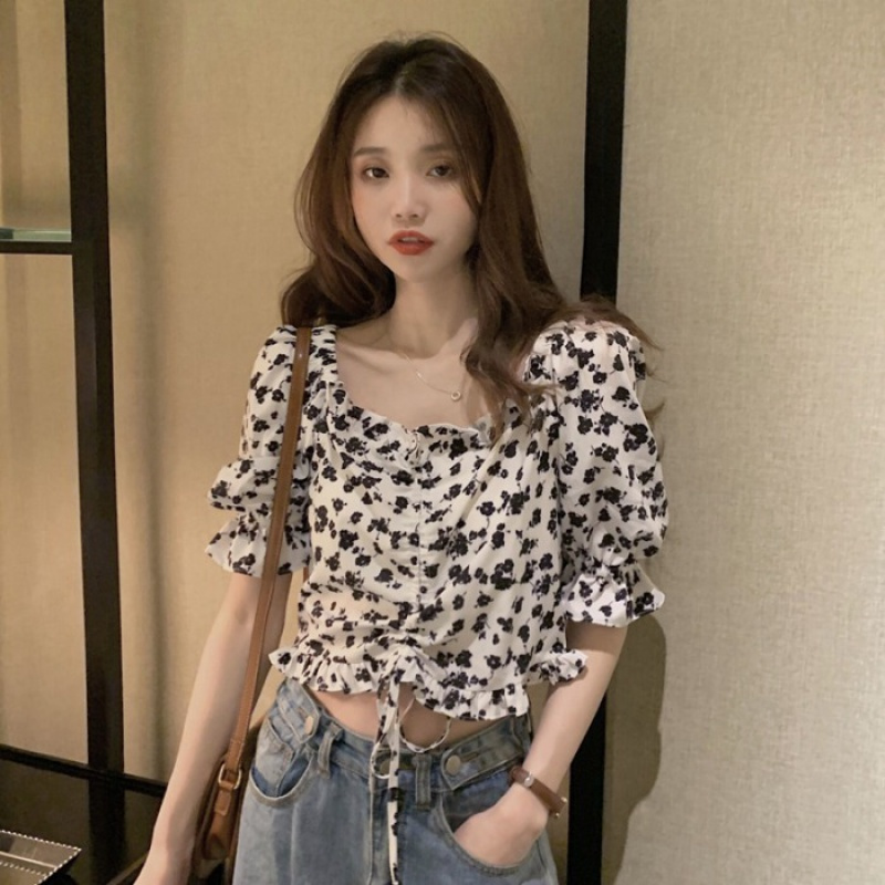 夏季韩版高腰设计感碎花衬衫泡泡袖短款抽绳上衣