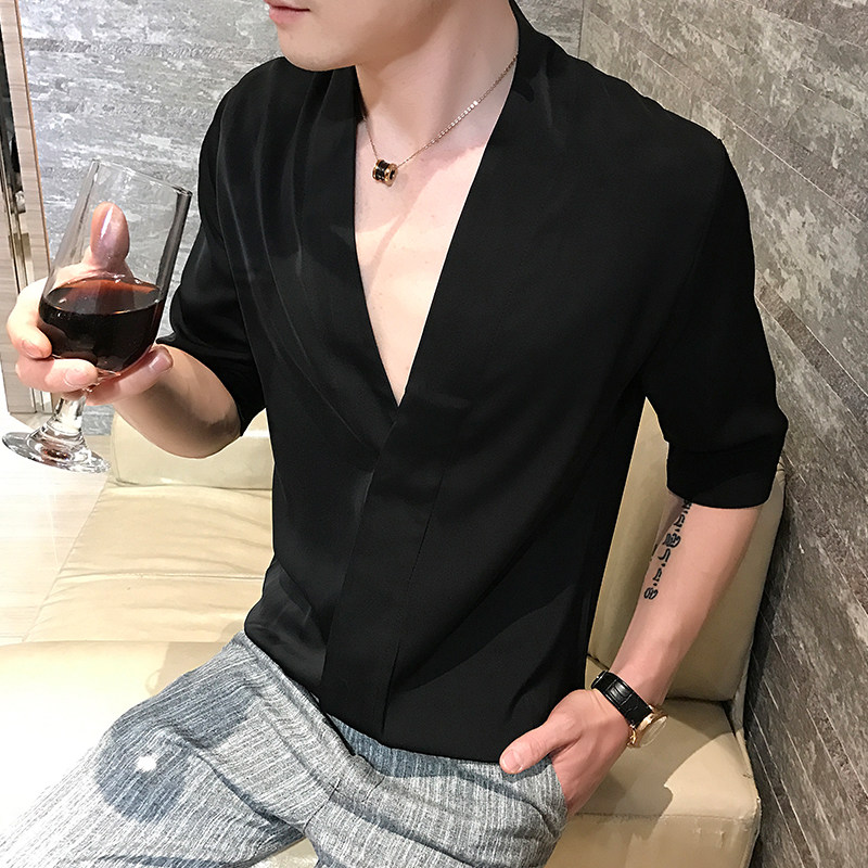 韩版夏款夜店潮男纯色v领短袖t恤青年型师时尚休闲流行男士衬衣参数