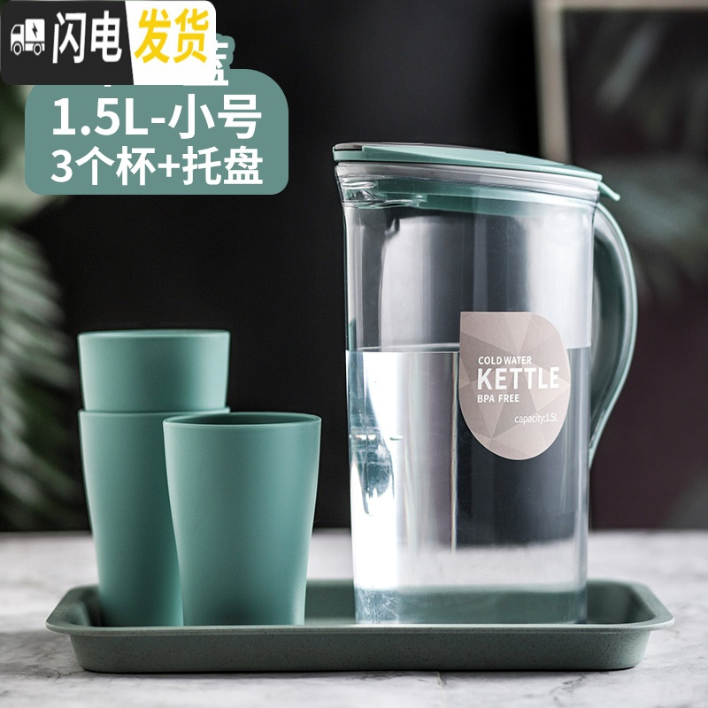 三维工匠大容量塑料凉水壶耐高温家用果汁扎壶冷水壶泡茶壶带刻度喝水套装 米亚蓝1.5L--3个杯+托盘
