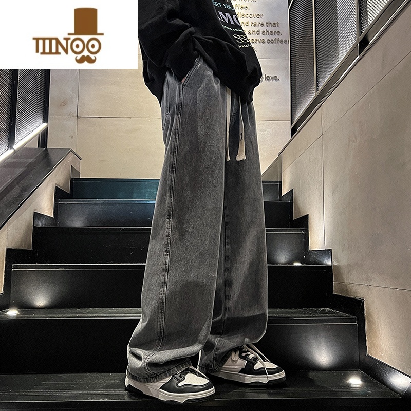 YANXU牛仔裤男秋季新款水洗做旧美式vibe高街痞帅大码宽松直筒休闲长做高清大图