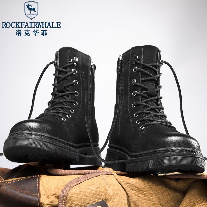 洛克华菲马丁靴冬季复古男鞋中帮英伦风工装靴加绒高帮真皮潮男黑色靴子图片
