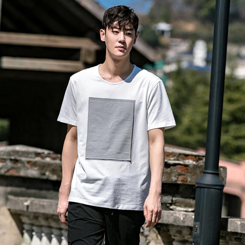 [商场同款]男装2018夏装新款男士时尚圆领白色贴布T恤男短袖白色