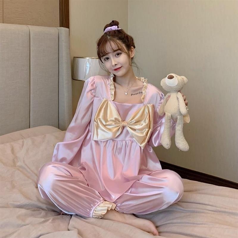 春秋冰丝立体大蝴蝶结睡衣女仿真丝洋气甜美少女长袖可外穿家居服