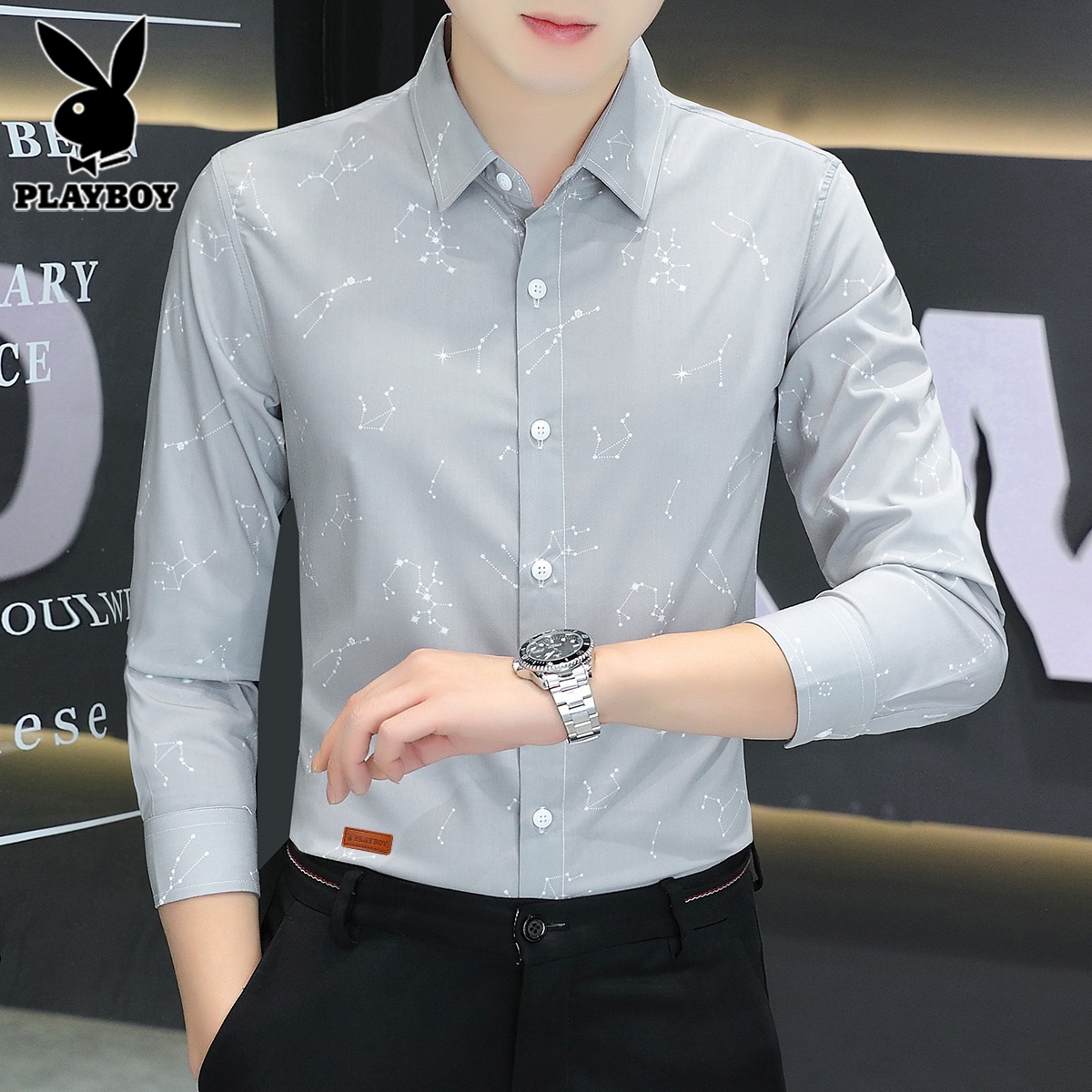 花花公子长袖衬衫男士秋季潮流痞帅印花高级感休闲衬衣男2024新感高清大图