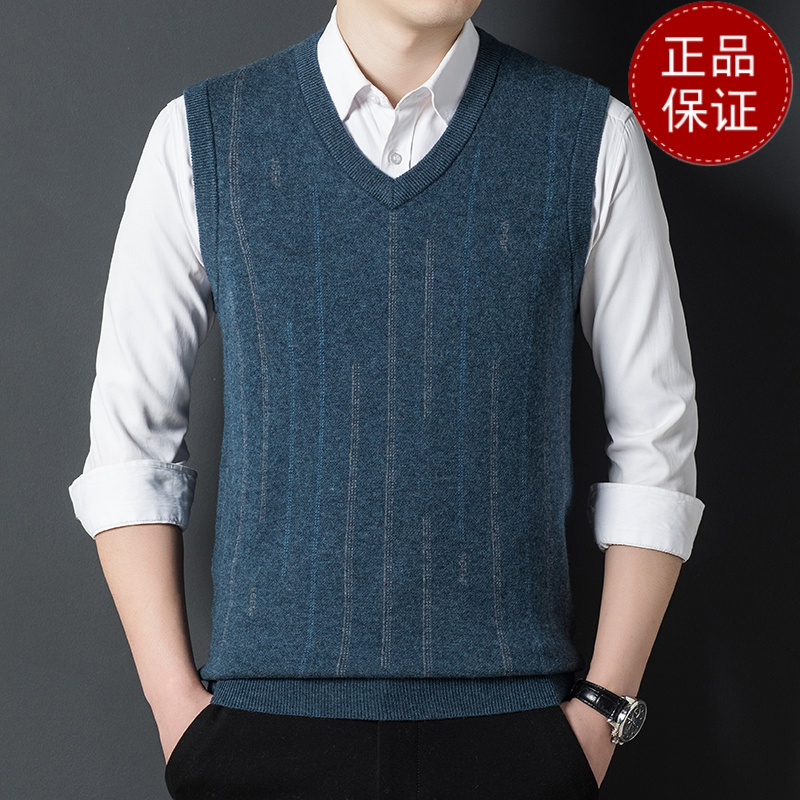 免费退换 男士羊绒马甲背心坎肩100纯山羊绒条纹休闲爸爸中年百搭针织毛衣山羊绒不褪色保暖舒适全羊毛打底衫针织套头毛衣大