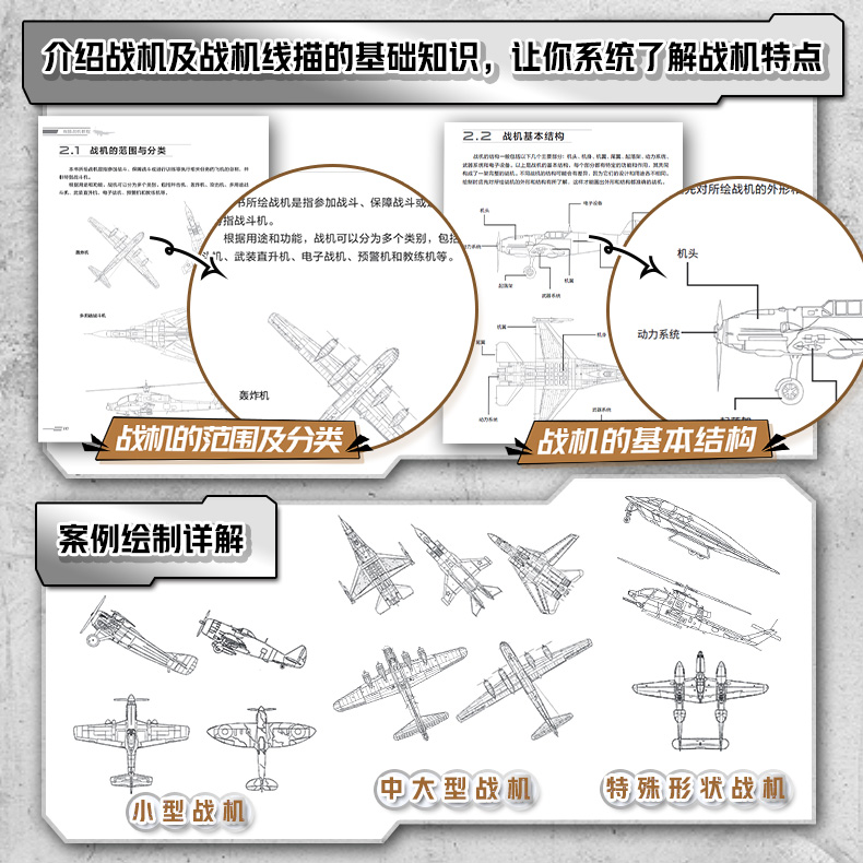 [正版]武器线描手绘教程 战机篇 现代战机描摹本空军飞机航空战斗机兵器军事科普漫画儿童男孩武器线描手绘教程描线本控笔铅高清大图