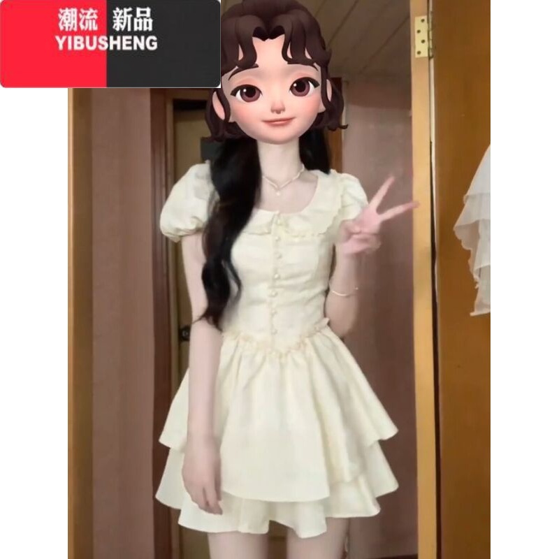 YIBUSHENG法式白色娃娃领连衣裙女季高级感气质公主裙收腰显瘦小个子短裙