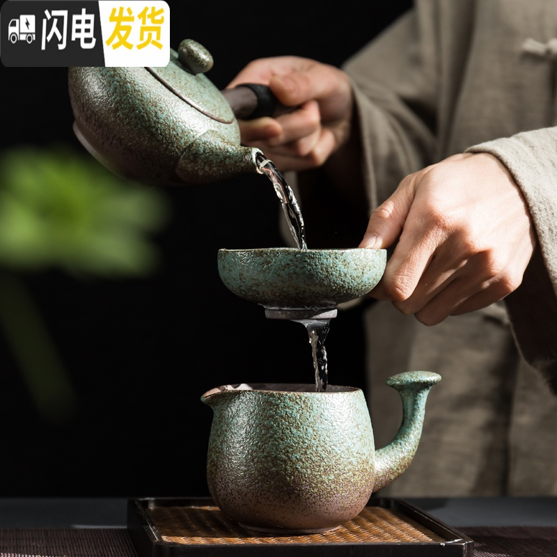 三维工匠日式功夫茶具套装整套茶盘家用简约陶瓷茶杯茶壶粗陶现公客厅 春色枯木壶线条杯茶洗六君子茶叶罐+陶瓷茶盘