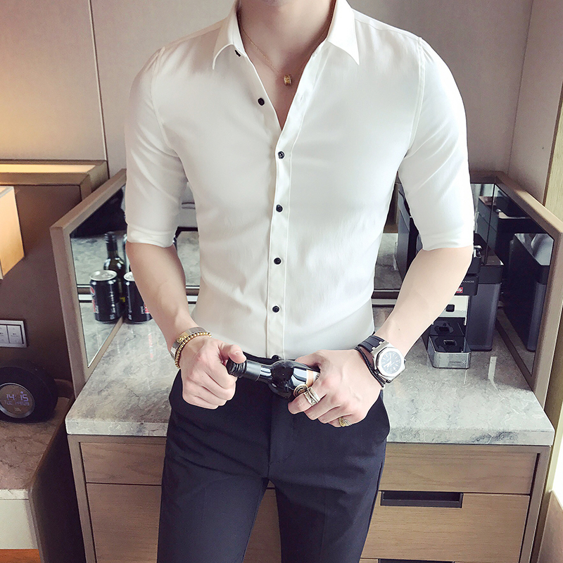 春装夏款2018年个性男士粉红色衬衫中袖粉色五分袖衬衣美店制服
