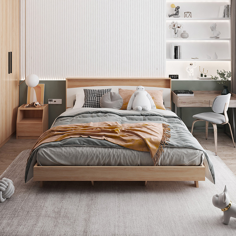 掌上明珠双人床北欧简约现代卧室小户型收纳床原木木纹脚板式床bmceca